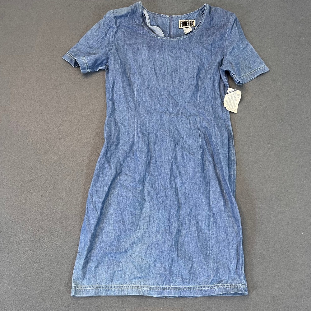Forenza Women's Denim Dress Sz 10 Blue Round Neck Casual Jean SS 100% Cotton VTG